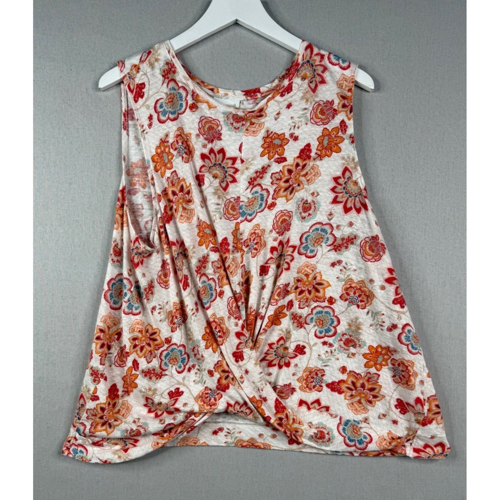 J.Jill Tank Top Women XL Tall Orange Floral 100% Linen Twist Front‎ Sleeveless